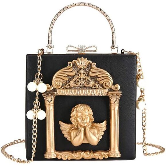 ⚡Women's Rose Embossed Love Angel Evening Formal Black Gold Crossbody Clutch Bag - Picture 5 of 5